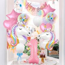 16pcs/Set Unicorn Theme Birthday Party Decorations, Suitable For Girls Purple & Pink Unicorn Party Theme Balloons, Large Rainbow Unicorn Foil Balloons, With Pink Birthday Banner, Hearts & Stars Party Supplies