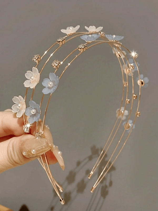 1 st. Dubbellaags legering dun haarelastiek met neppe parel hoed bloem ornament schattig haar ornament meisjes hoofddeksel