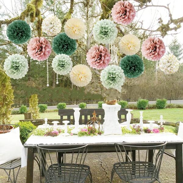 16 Stücke/Set weiße, goldene, grüne, rosa Papierblumen Dekorationsset, geeignet für Hochzeiten, Geburtstage, Muttertag, Feste, Schulaktivitäten, Partydekorationen