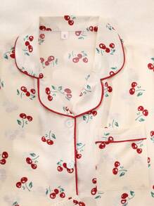 Set de 2 piezas de pijama de verano para mujer con estampado de cerezas, camisa de manga corta con botones y pantalones cortos, ropa de estar por casa casual de verano