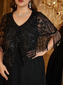 Elisanya Vestido de noche elegante SUPGIR Plus para mujer con escote en V, manga con flecos de gasa con aplicaciones de lentejuelas, ajuste elegante y estilizado