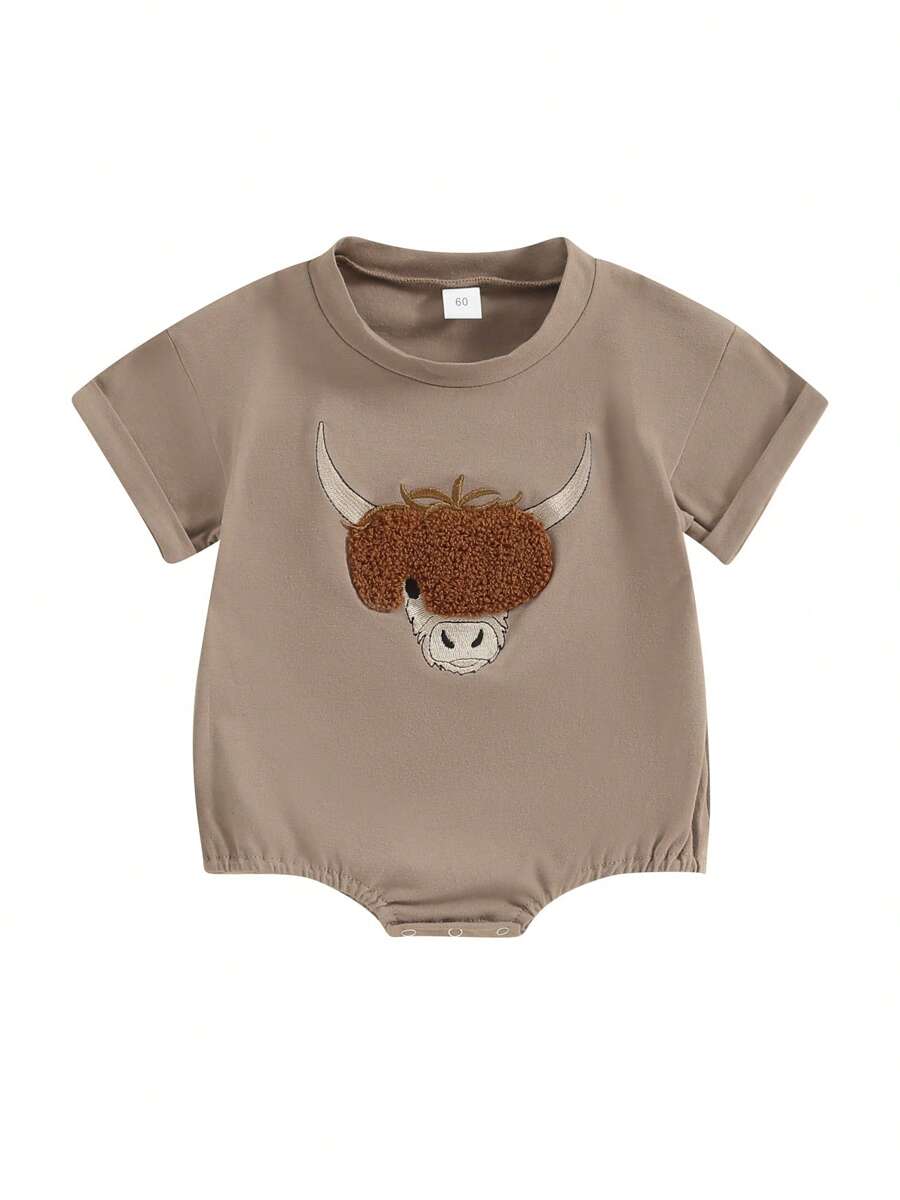 Baby Boys And Girls Romper Round Neck Cow Embroidery Short Sleeve Jumpsuit Infant Toddler Summer Clothes