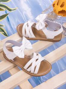 夏季蝴蝶结公主鞋，时尚百搭交叉编织平底凉鞋，柔软鞋底，舒适魔术贴休闲鞋 - 白色 - 查看 4