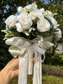 1 件装伴娘花束蕾丝装饰玫瑰花束人造花束适用于婚礼情人节