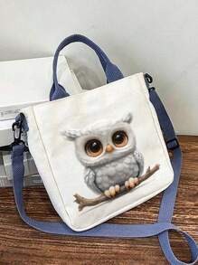 1pc Owl Printed Polyester Tote Bag For Women, Large Capacity Casual Shoulder Bag,Detachable Shoulder Strap, Versatile Fashion Handbag For Party, Travel, Suitable For Gifts To Family And Friends,Shopping - White
