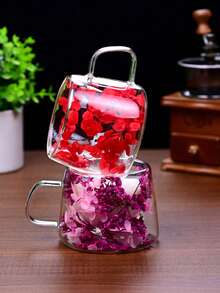 1pc Real Flower Double Layer Glass Cup, High-Quality Creative Home Coffee Mug With Handle, Gift - Multicolor - View 6