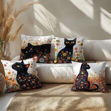 Set de 4 fundas de cojín decorativas con diseño de gato negro y flores de Klimt, hechas de tela de terciopelo suave, impresión unilateral, de 45 * 45 cm, adecuadas para sala de estar, dormitorio, sofá, decoración del hogar, regalo