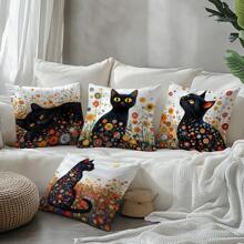 Set de 4 fundas de cojín decorativas con diseño de gato negro y flores de Klimt, hechas de tela de terciopelo suave, impresión unilateral, de 45 * 45 cm, adecuadas para sala de estar, dormitorio, sofá, decoración del hogar, regalo