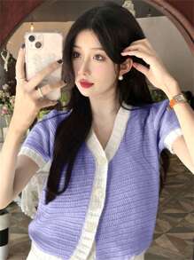Contrast Color V-Neck Elegant Knit Short Sleeve Cardigan, Buttons Design Casual Tops For Women, Knitted Texture Loose Fit, Suitable For Going Out, Home, Date, Vacation