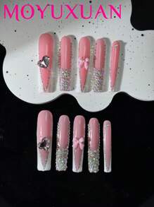10 件手工指甲套装，超长粉色棺材风格，经典白色法式，粉色歪心形钻石，镶嵌着 Ab 色钻石，蝴蝶结配饰，甜美性感，适合女士和女孩的节日派对生日礼物等，DIY 美甲用品，可重复使用。 - 粉色 - 查看 3