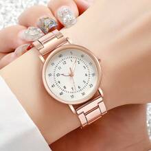 2pcs/Set Women's Watch Rose Gold Stainless Steel Round Shaped Dial Quartz Watch And Alloy Bracelet,Suitable For Daily Wear Holiday For Women Party,Holiday,Birthday Wear Or As Sisters,The Best Gift For A Lady