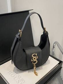 女士个性斜挎包，2024新款冬季韩版月牙包，时尚链条简约单肩包 - 黑色 - 查看 6