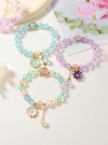 2pcs/3pcs Set Frozen Cracked Bead Pendant Bracelet, Macaron Color Spring Series, Cute & Sweet Jewelry, Accessory For Outings - Multicolor - View 2