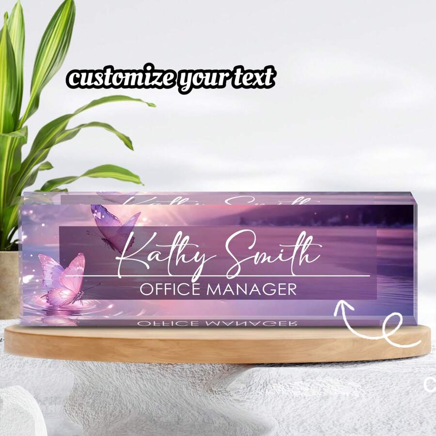 [Placa de nombre de escritorio personalizable] 1 pieza Placa de nombre de escritorio acrílica elegante - personalizable con diseño de mariposa de acuarela, letrero de sobre mesa personalizado - regalo de aprecio ideal, accesorios de escritorio acrílicos, regalos de oficina para el jefe, regalos de aprecio a los empleados