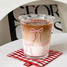1/2pcs Ribbon Glass Cup, Pink Bowknot Iced Coffee Cup, 11oz Elegant & Cute Drinking Cup, Suitable For Women, Girlish And Sister Gathering