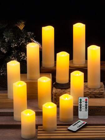 4/12pcs Waterproof LED Candles With Remote Control And Timer, Outdoor Flickering Flameless Candles, Battery Operated Realistic Pillar Candles For Wedding, Halloween, Christmas, Valentine's Day, Party, Home Decor, Warm Candlelight