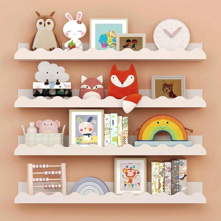 Estanterías para libros de guardería, 4 paquetes de estanterías flotantes para pared de niños, estanterías onduladas, estanterías para libros de pared para dormitorio de niños, habitación de niños pequeños, habitación de bebés, decoración de guardería