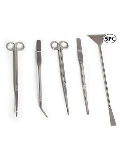 5-In-1 Stainless Steel Aquarium Aquatic Plant Tool Kit - 5 Pieces Include Straight Scissors, Curved Scissors, Substrate Scraper, Straight Tweezers, Curved Tweezers, Specially Designed Delicate Tip That Won't Damage Your Small Or Thin Aquarium Plants. Suitable For All Types Of Aquarium Plants, Substrate, Gravel And Other Decor. Forged Stainless Steel Material.