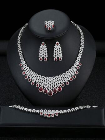 时尚锆石戒指耳环项链首饰套装高端百搭新娘礼服节日礼物跨境欧美中东