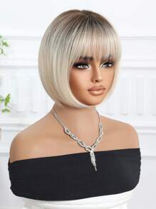 Stylish Women's Wig 10-Inch Gradient White Gold Short Straight Bob Wig With Bangs Stylish Elegant Women's Wig Perfect For Holiday Travel Family Gatherings Everyday Wear