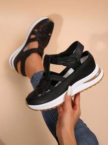 1 Pair Women's New White Wedge Platform Hollow Breathable Lightweight Non-Slip Roman Sandals, Hook And Loop Fashion Versatile Black Sneakers