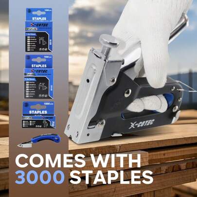 X-COTEC Grapadora 3 en 1 con 3000 grapas, grapadora y clavadora de alta resistencia para trabajos de tapicería, grapadora de pared con ajuste manual, herramientas manuales para madera, restauración de muebles, tapicería, carpintería, decoración, regalo de bricolaje