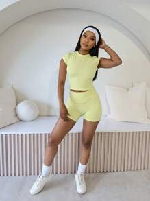 Women 2pcs/Set Round Neck Short Sleeve Elastic Waist Long Pants Casual Set - Yellow - View 4