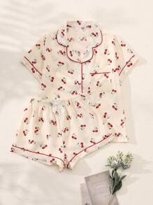 Set de 2 piezas de pijama de verano para mujer con estampado de cerezas, camisa de manga corta con botones y pantalones cortos, ropa de estar por casa casual de verano