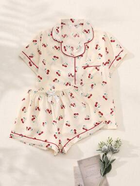 2pcs/Set Women's Cherry Printed Summer Pajama Set, Short Sleeve Button-Down Shirt And Shorts, Casual Loungewear For Summer.,Two Pieces Set
