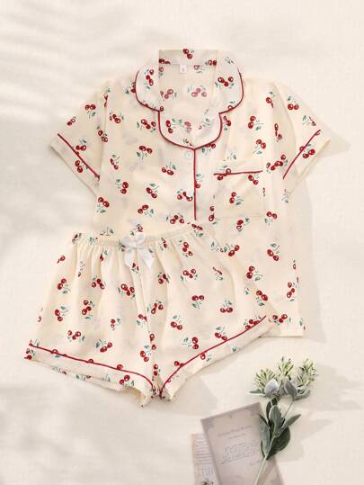 2pcs/Set Women's Cherry Printed Summer Pajama Set, Short Sleeve Button-Down Shirt And Shorts, Casual Loungewear For Summer.,Two Pieces Set