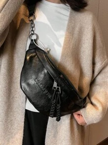 Bolsa de Peito Feminina de Cor Sólida em PU, Bolsa de Peito Esportiva Versátil Minimalista com Letras em Relevo na Moda