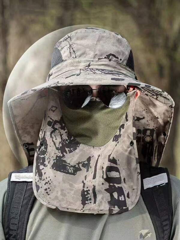 Chapéu camuflado masculino com protetor facial, boné de pesca com proteção solar respirável, design destacável para atividades ao ar livre, caminhadas, acampamentos