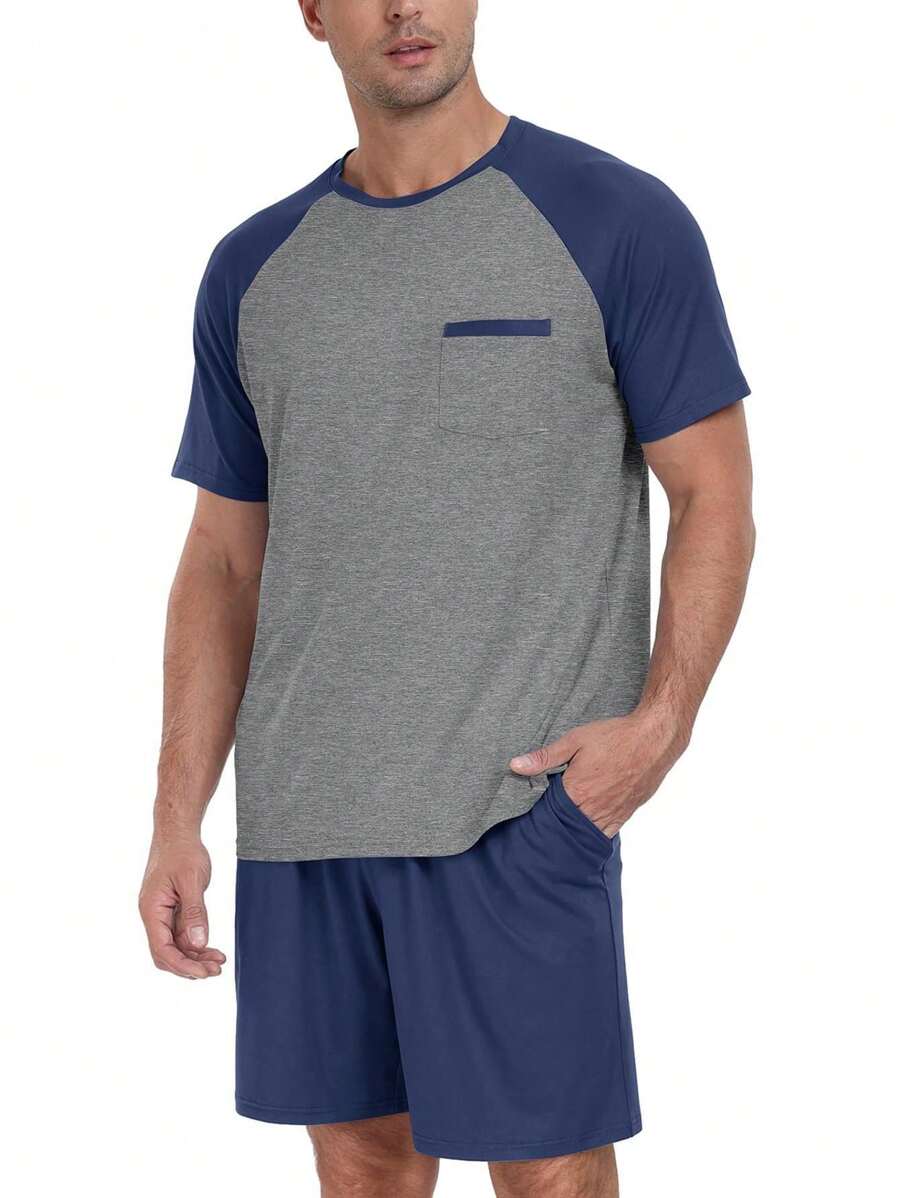 hoteel Mens Pajamas Set Shorts Pjs Lightweight Raglan Short Sleeve Crewneck T Shirts Shorts Soft Cotton Blend Sleepwear - Màu xanh hải quân - Xem 1