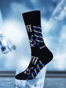 Calcetines de tripulación de moda científica para hombres con impresión de microscopio y ADN genético con inspiración de laboratorio
