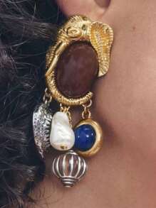 复古优质仿珍珠宝石动物金属象形吊坠耳环