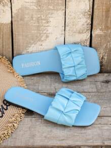 Women's Simple Solid Color Flat Sandals With Pleated Strap, Faux Pearl And Flower Transparent Strap Elements, Versatile For Spring And Summer - Blue 1 - View 5