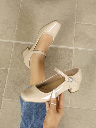 Damskie buty robocze z kwadratowym noskiem, wsuwane, wygodne, z klamrą ze strasu, na grubym obcasie, z miękką podeszwą