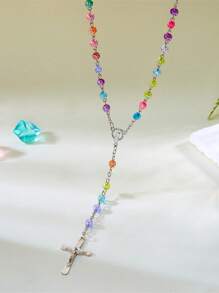 Premium Colored Beads, Virgin Cross, Pendant Necklace, Long Chain, Tassel Inspired Versatile Necklace