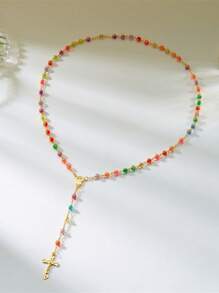 Premium Colored Beads, Virgin Cross, Pendant Necklace, Long Chain, Tassel Inspired Versatile Necklace
