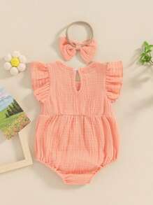 Mono de verano para niña, mono elástico de color liso y conjunto de diadema con lazo, ropa bonita de moda - Rosa - Ver 2