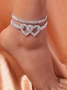2pcs/Set Rhinestone Heart Shaped Anklet, Glamorous Women Jewelry For Daily, Wedding, Party