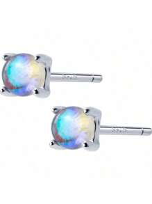 1 Pair Creative S925 Sterling Silver Moonstone Stud Earrings, Simple & Fashionable Jewelry Gift For Ladies, School, Friendship, Birthday