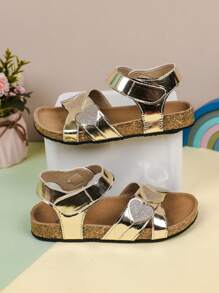 Girls' Soft Sole Non-Slip Sandals, Glitter Heart Design Kids Shoes, Sweet Casual Beach Shoes, New - Gold - View 6