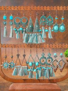 TopHanqi 12 对复古铜波西米亚风格耳环套装，多元素时尚珠宝几何夸张混合蓝色流苏吊坠耳环适合日常、派对、篝火之夜，适合所有季节 - 銅色 - 查看 17