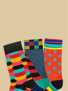 3 Pairs Unisex Polyester Colorful Patterned Mid-Calf Casual Sports Socks, All Season