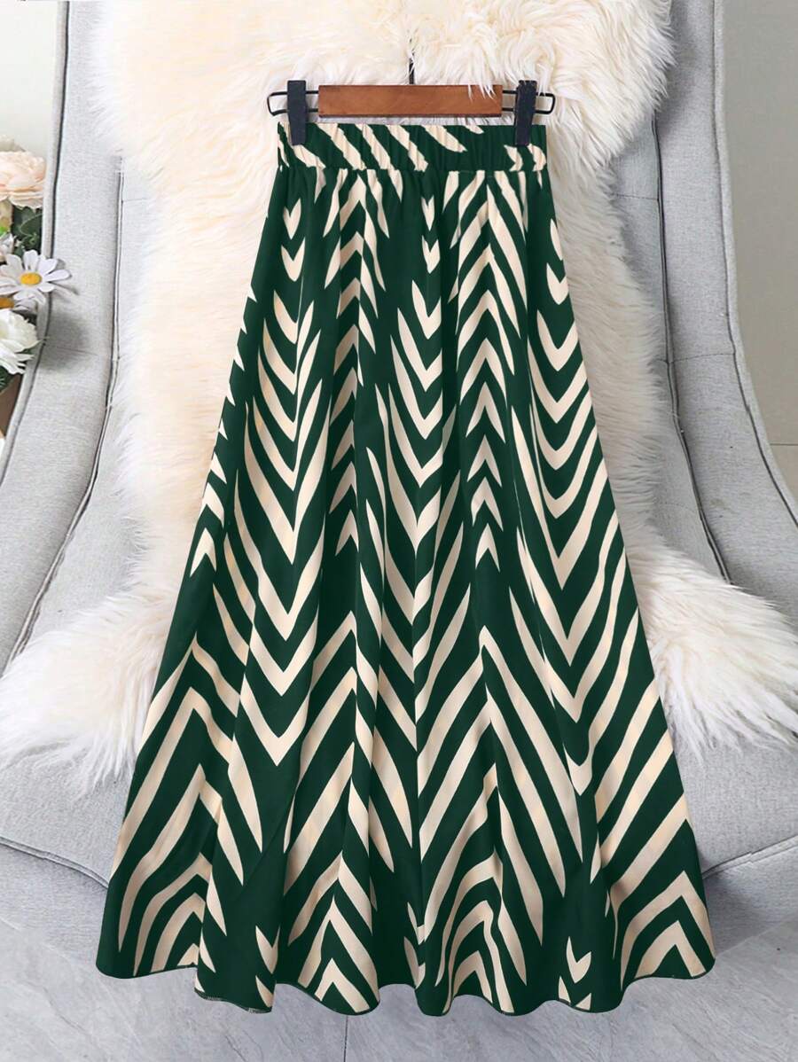 EARO Spring Abstract Print Skirt, Women's Black & White Striped High Waist A-Line Skirt, Unique Wave Pattern Design, Niche Design Dress, Artistic Style, Versatile & Fashionable Skirt - Green - View 1