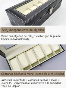 Caja de reloj con 6 compartimentos de piel sintética negra y forro blanco, con tapa de cristal, cojín extraíble, regalo creativo de Navidad - Negro - Ver 4