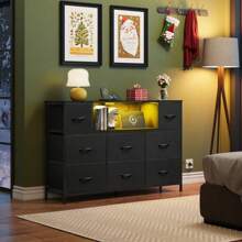 Dresser For Bedroom With Charging Station And LED Lights, Fabric Chest Of Drawers With Open Shelves For 55 Inch TV, 8 Drawers Dressers