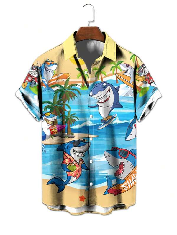 Camisa casual de manga corta con estampado de tiburón y vacaciones para hombre, para el verano