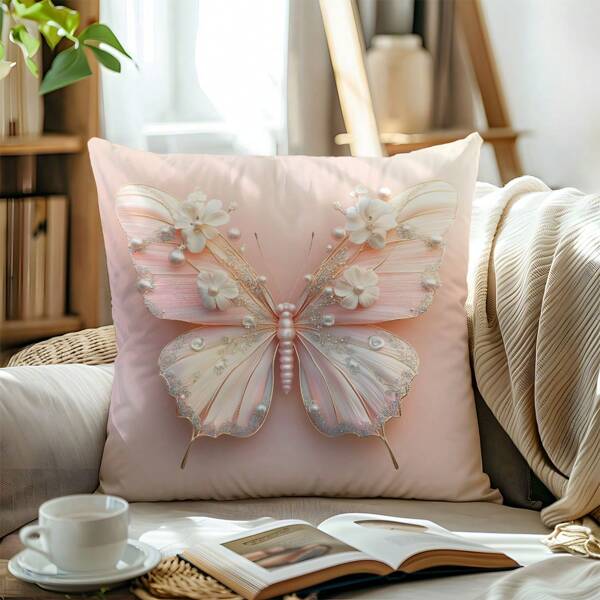 1pc Faux 3D Butterfly & Floral Pearl Decorative Pillow Cover, Single-Sided Soft Peach Velvet Fabric, 45*45/50*50/40*40CM Cushion Cover For Indoor Decor, Party, Gift